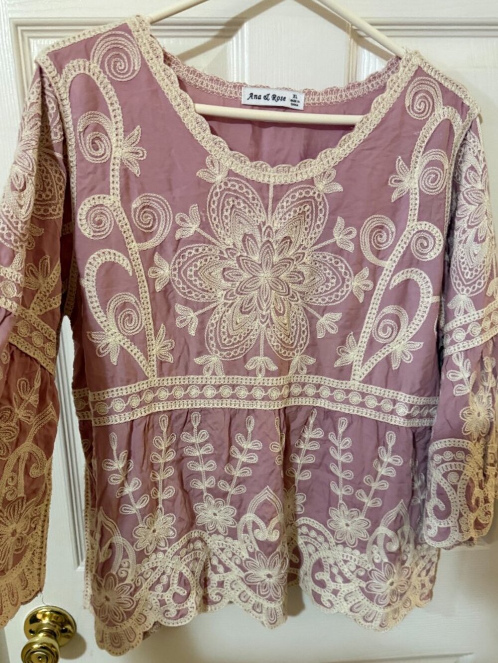Ana & Rose Mauve Embroidered Lace Bell Sleeve Boho Top Size XL SKU107